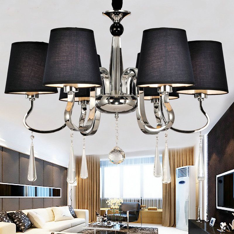 6/8 Heads Metal Suspension Lamp Country Conic Fabric Chandelier Pendant Light in Black with Crystal Droplet