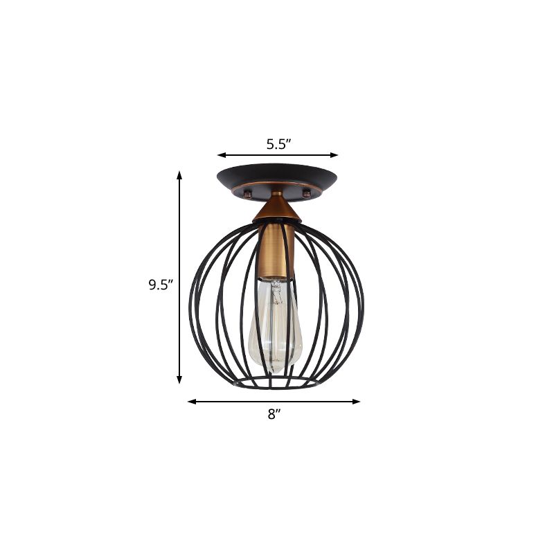 1 Light Ceiling Light Fixture Caged Globe Shade Metal Industrial Living Room Semi Flush in Black