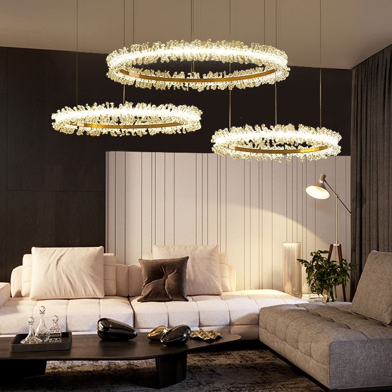 Simple Stylish Ring Pendant Chandelier Flower Crystal Living Room LED Hanging Light in Gold