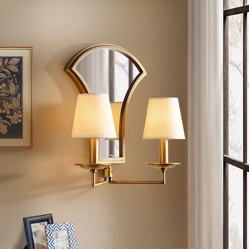 Retro Candlestick Wall Lamp 2 Bulbs Metal Sconce Light Fixture in Gold with Mirror and Fabric Empire Shade