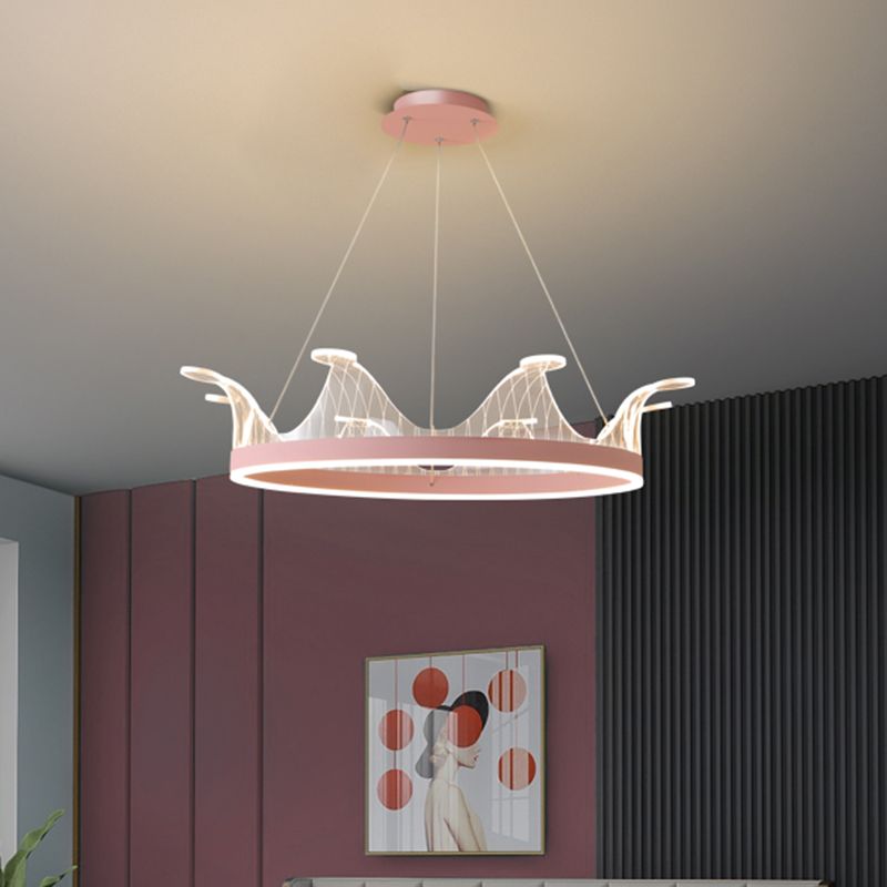 Pink/Gold Crown Shape Pendant Lighting Modern LED Metal Chandelier Lamp in Warm/White Light