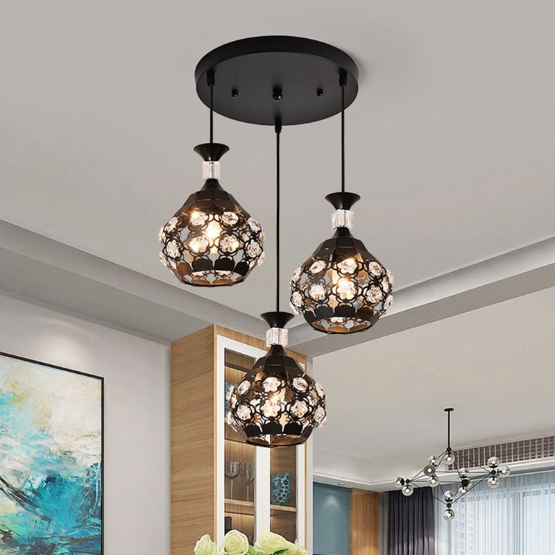 Black Hollow Out Floret Multi-Pendant Modernism 3 Lights Crystal Embedded Suspension Lamp