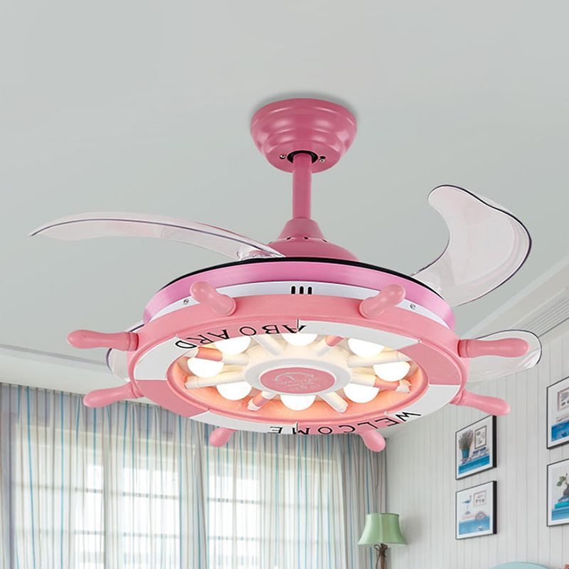 Roer slaapkamer semi -spoel gemonteerd licht kinderen acryl roze/blauw/witte led hangende plafondventilator lamp met 4 heldere messen, 42 "w
