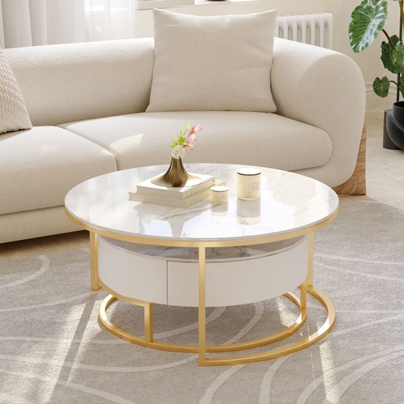 Glass Top Frame Coffee Table Round Nesting Coffee Table Set with Drawer