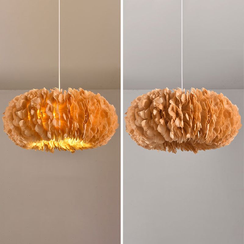 Circle Feather Chandelier Pendant Light Minimal Hanging Light Fixture for Bedroom