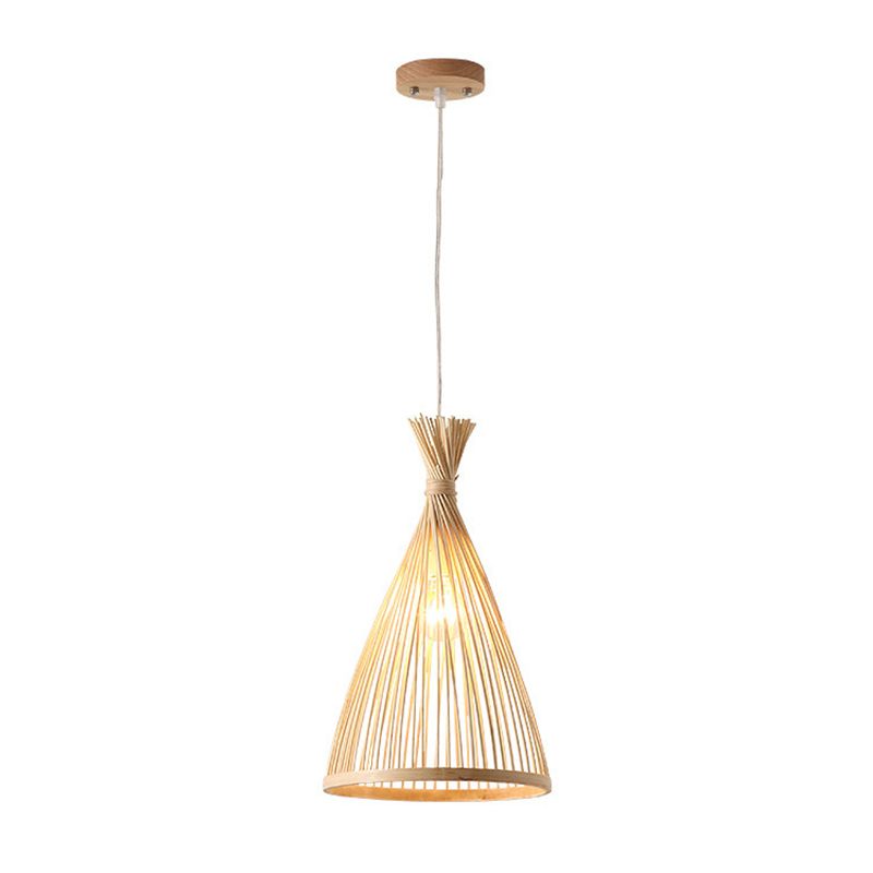 Bamboo Conical Pendant Lamp Japanese Style 1 Head Ceiling Hang Light for Tea Room