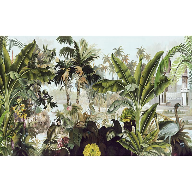 Tropical Plant Manor Wall Mural Green Stain Resistant Wall Covering for Living Room