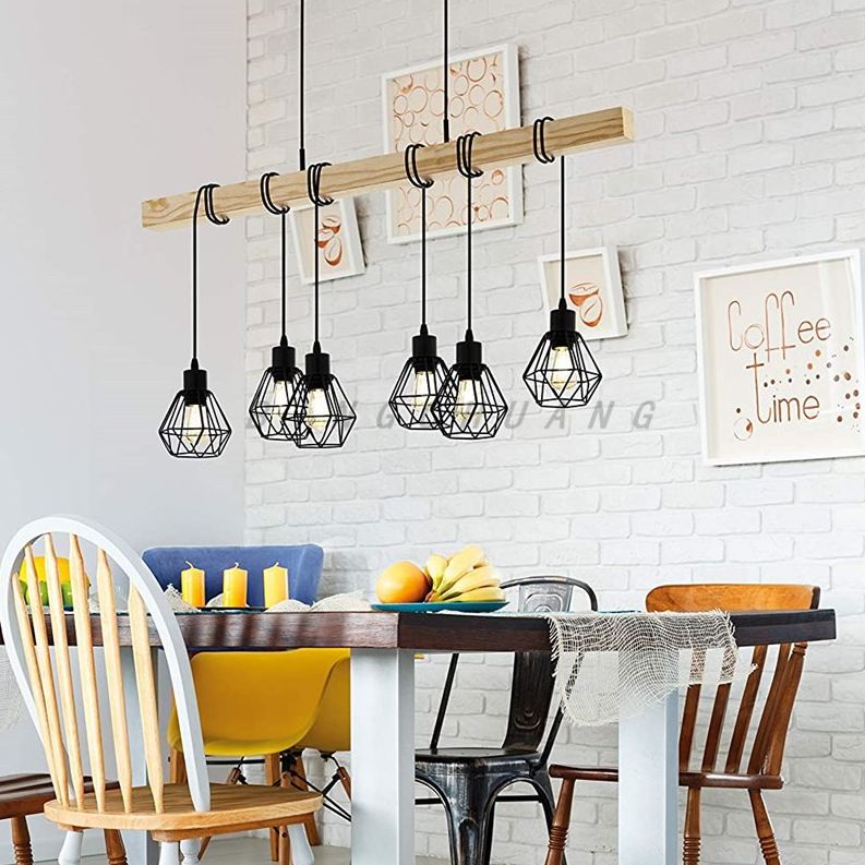 Gabbia di ferro nero Shade Isola Luce retrò in stile industriale Luce sospesa in legno per barrette di caffetteria