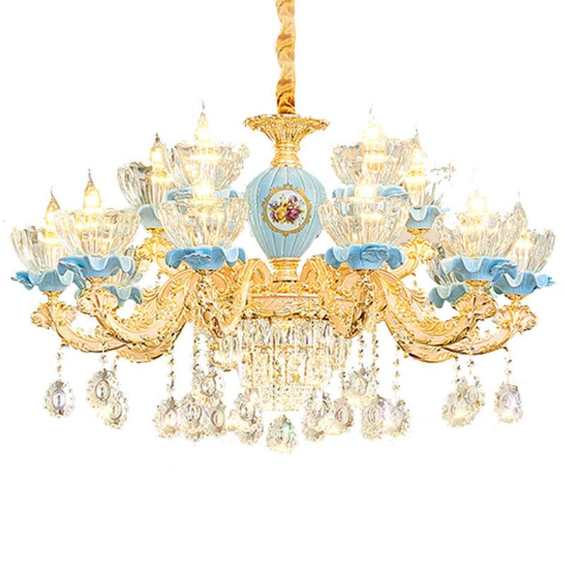 Clear Glass Bowl Chandelier Light Modernist Pendant Lighting Fixture with Crystal Droplet in Gold
