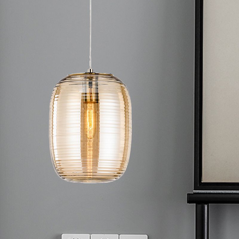 Amber/Smoke Cylinder Pendant Light Post-Modern 1 Light Ribbed Glass Hanging Light Fixture for Bedroom