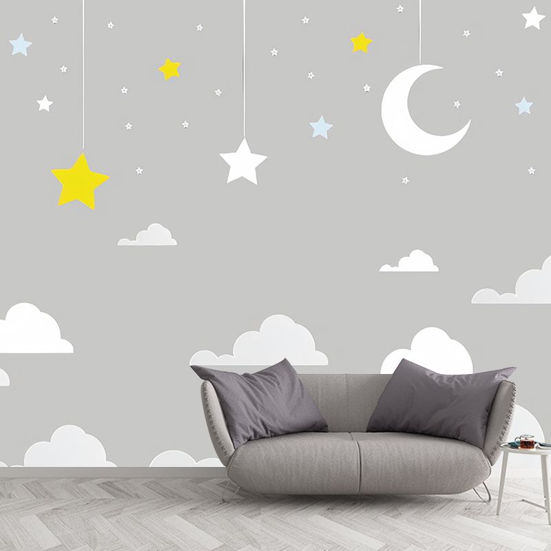 Cartoon Moon and Cloud Mural for Boy or Girl Minimalist Wall Covering, Custom Size Available
