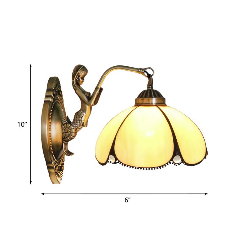 Flower Wall Lighting Fixture Mediterranean Beige Glass 1/2-Light Bronze Wall Light Sconce with Mermaid Arm for Bathroom