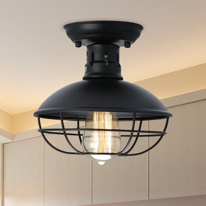 Black Bowl Semi Flush Mount Farmhouse Stylish Metal 1 Light Dining Room Semi Flush Ceiling Fixture with Cage Shade