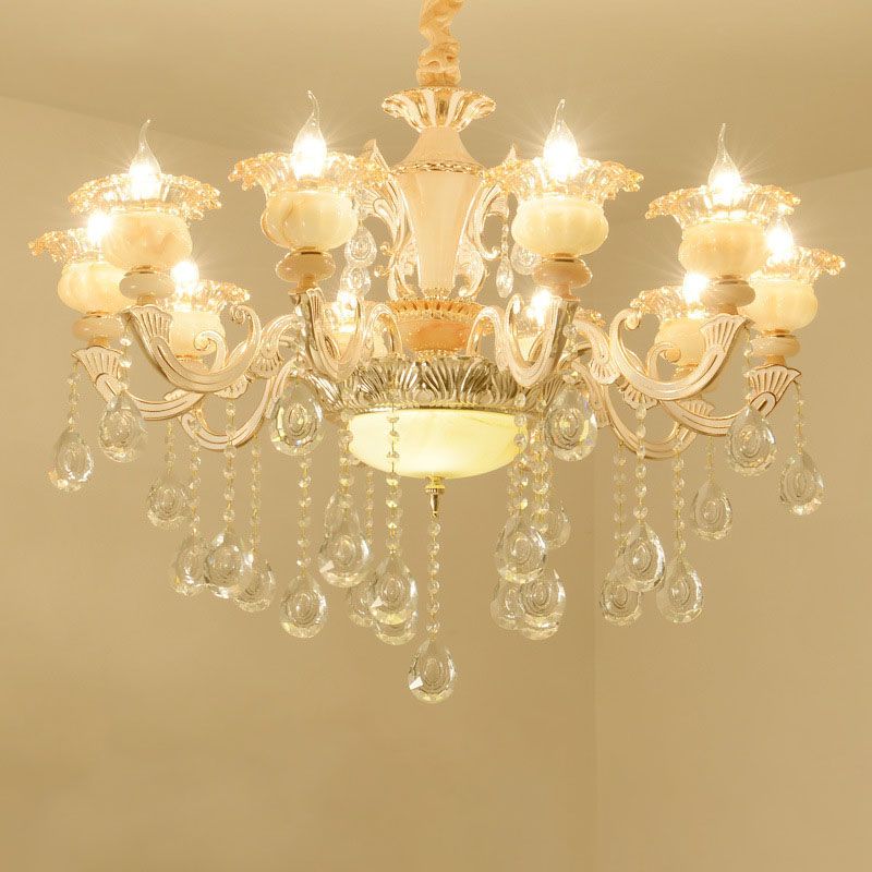 Gold Petal Chandelier Lamp Contemporary Jade Suspension Light with Crystal Draping