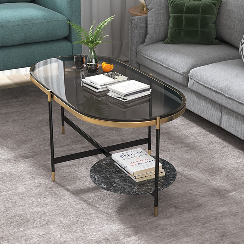 17.7" Tall Modern Metal Cross Leg Base Glass Oval Coffee Table with Shelf