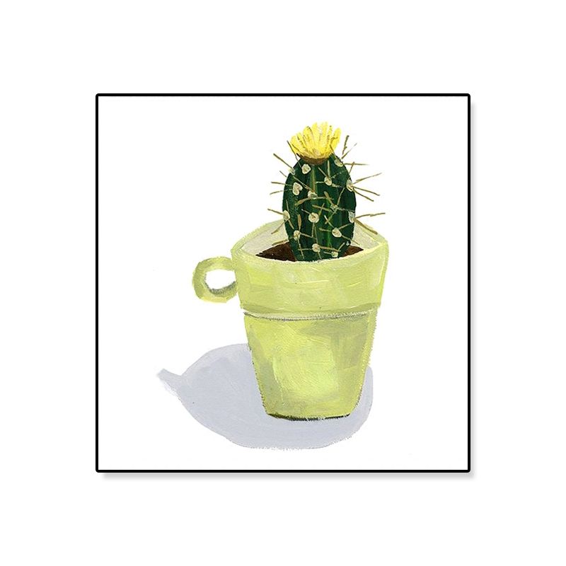 Nordic Illustration Bonsai Cactus Canvas Yellow Textured Wall Art Print for Child Room