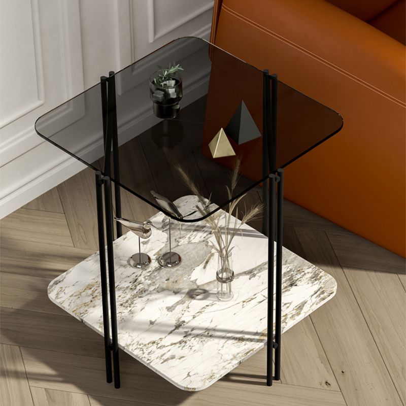 Modern Square Glass Side Table 23.62" Tall 4 Legs Shelf Included End Table