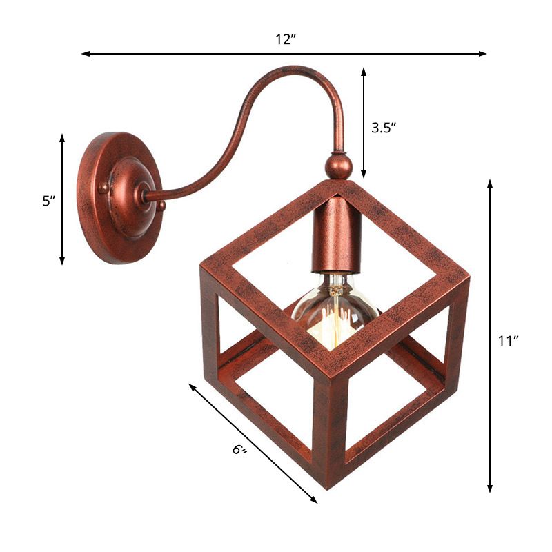 Cube Cage Bedroom Wall Lighting Vintage Metal 1 Bulb Black/Rust Finish Wall Sconce Lamp with Gooseneck Arm
