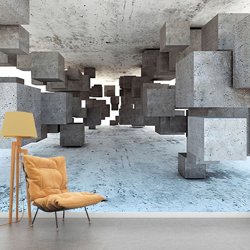 Whole Mural Wallpaper for Coffee Shop with 3D Irregular Block in Industrial Color, Stain-Resistant