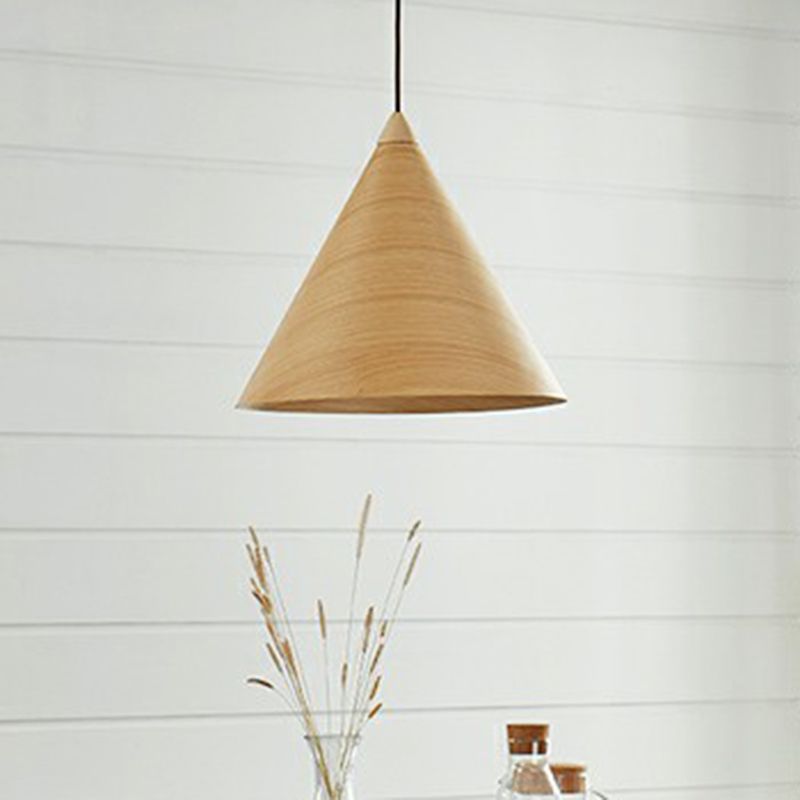 Conical Dining Room Suspension Lamp Wooden 1-Head Minimalistic Hanging Pendant Light