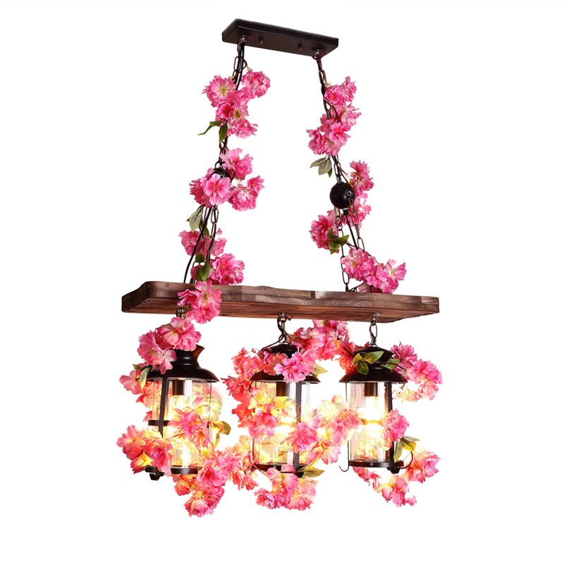 Clear Glass Cylindrical Ceiling Hanging Lantern Industrial 3 Heads Restaurant Island Light with Art Plant Deco