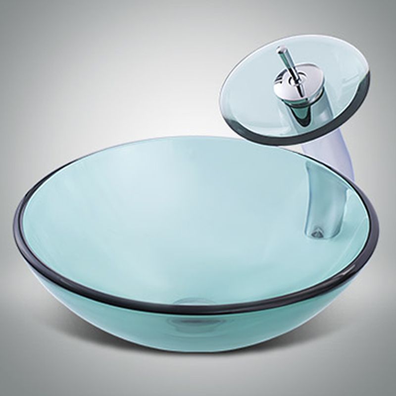 Modern Vessel Sink Oval Glass with Pop-Up Drain and Faucet Vessel Lavatory Sink