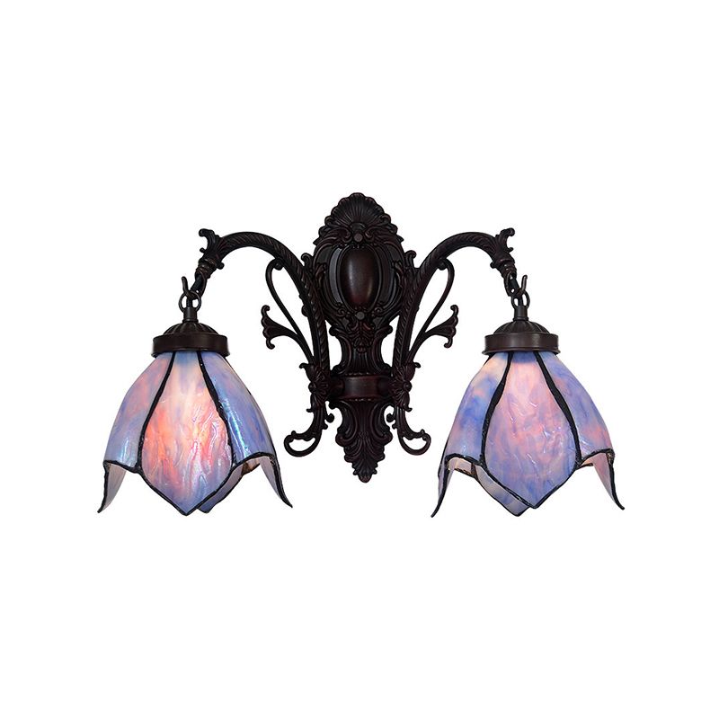 White/Pink Glass Copper Wall Light Sconce Lotus 2 Bulbs Victorian Wall Mount Lamp with Curved Arm