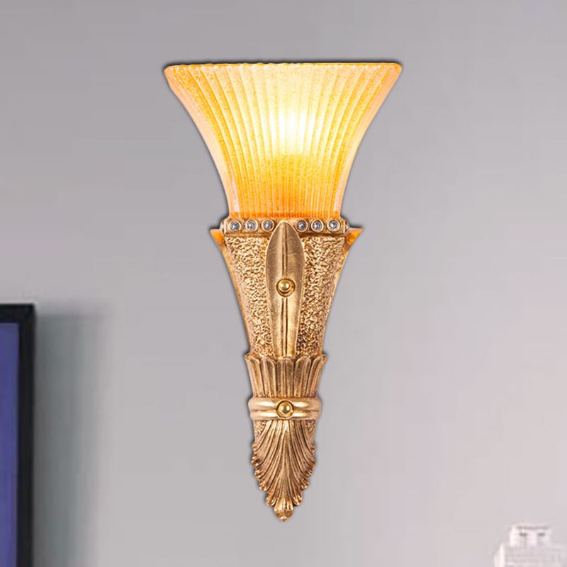 Traditional Flared Wall Mount Light 1 Light Orange Glass and Resin Wall Sconce in Gold for Corridor