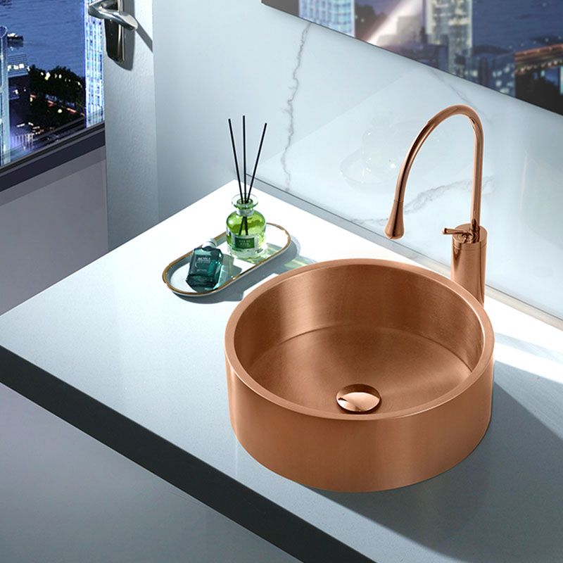 Contemporary Bathroom Sink Metal Round Vessel Bathroom Sink with Pop-Up Drain