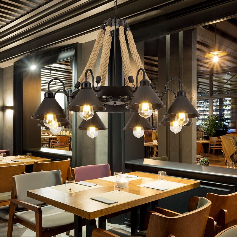 Conical Chandelier Light Fixture Industrial Rope Hanging Light for Restaurant