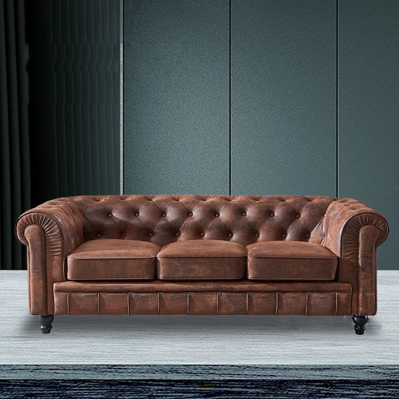 Chesterfield Dark Brown Sofa Apartment Tuxedo Arm Loveseat Genuine Leather Sofa