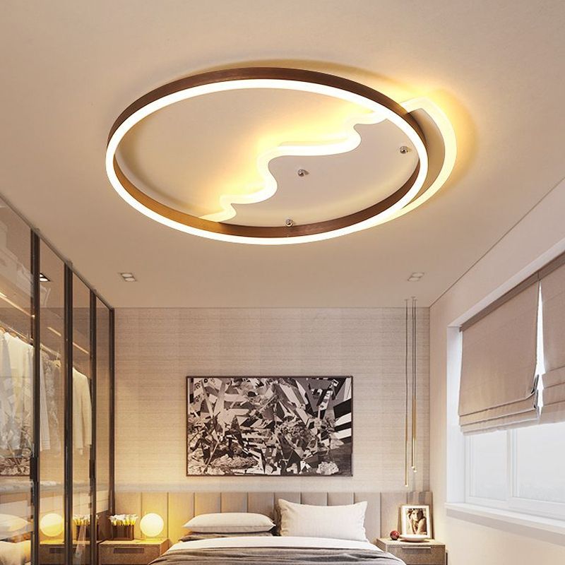 Mountain Living Room Flush Ceiling Light Metal Contemporary LED Flush Mount Lighting Fixture with Metal Ring in Coffee