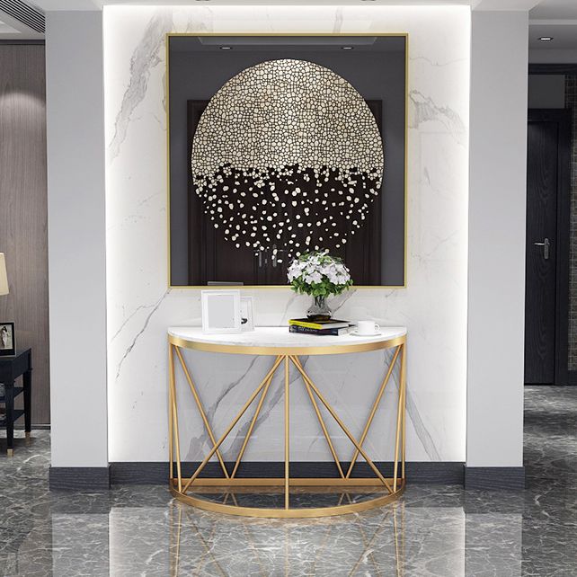 Contemporary Marble Console Sofa Table Half Moon Iron End Table for Hall