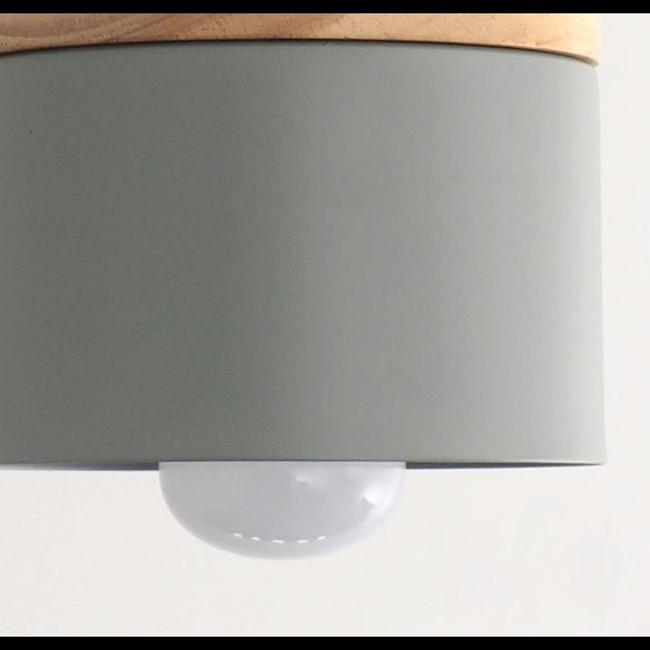 Indoor Macaroon Cylinder Pendant Light Wooden Mini Ceiling Lamp in Metal Shade