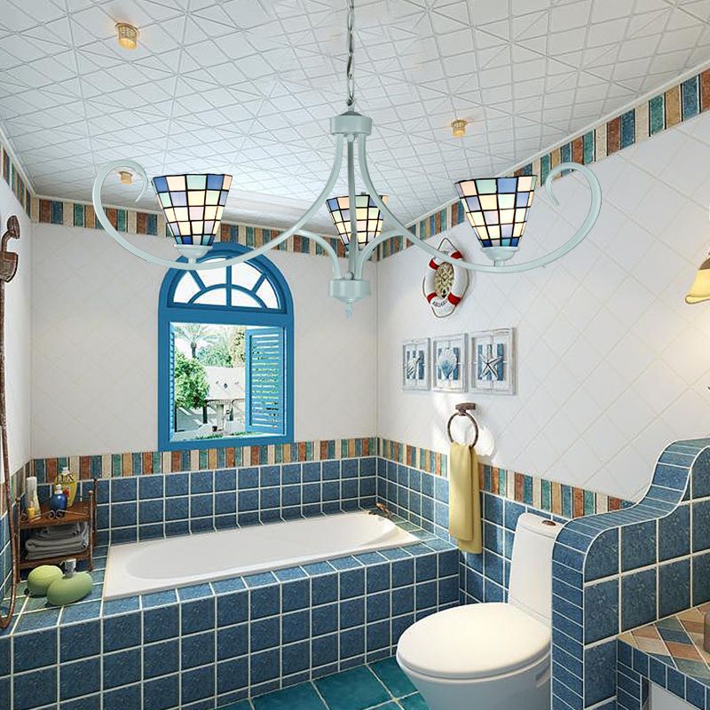 Illuminazione a ciondolo cono con catena regolabile tradizionale lampadario di vetro colorato a 3 luci in blu