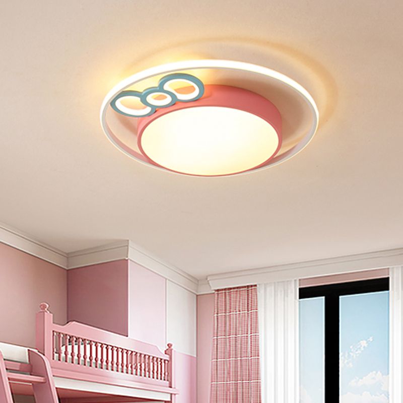 Drum Flush Pendant Ceiling Light Contemporary Acrylic Blue/Pink LED Flush Mount with Bownot for Bedroom