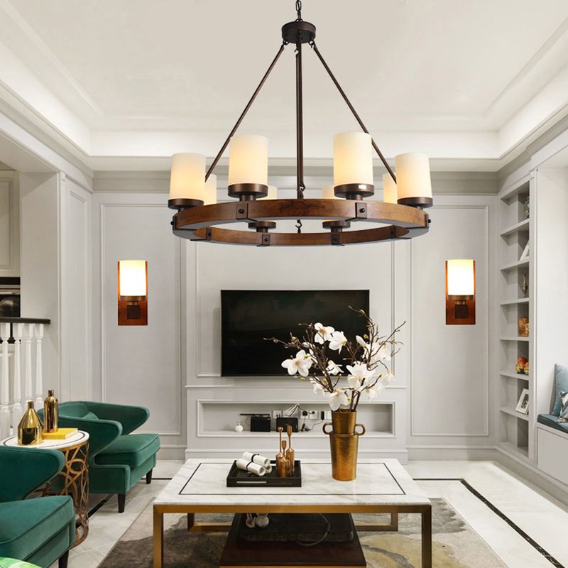 Round Solid Wood Rustic Style Chandelier Cylindrical White Glass Shade Dining Room Lighting Fixture