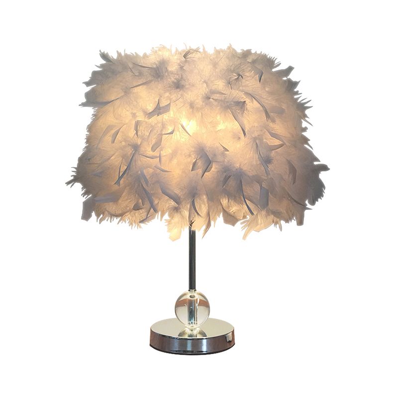 Cylinder Feather Table Lamp Contemporary 1 Bulb Red/Pink/Burgundy Night Stand Light with Crystal Ball