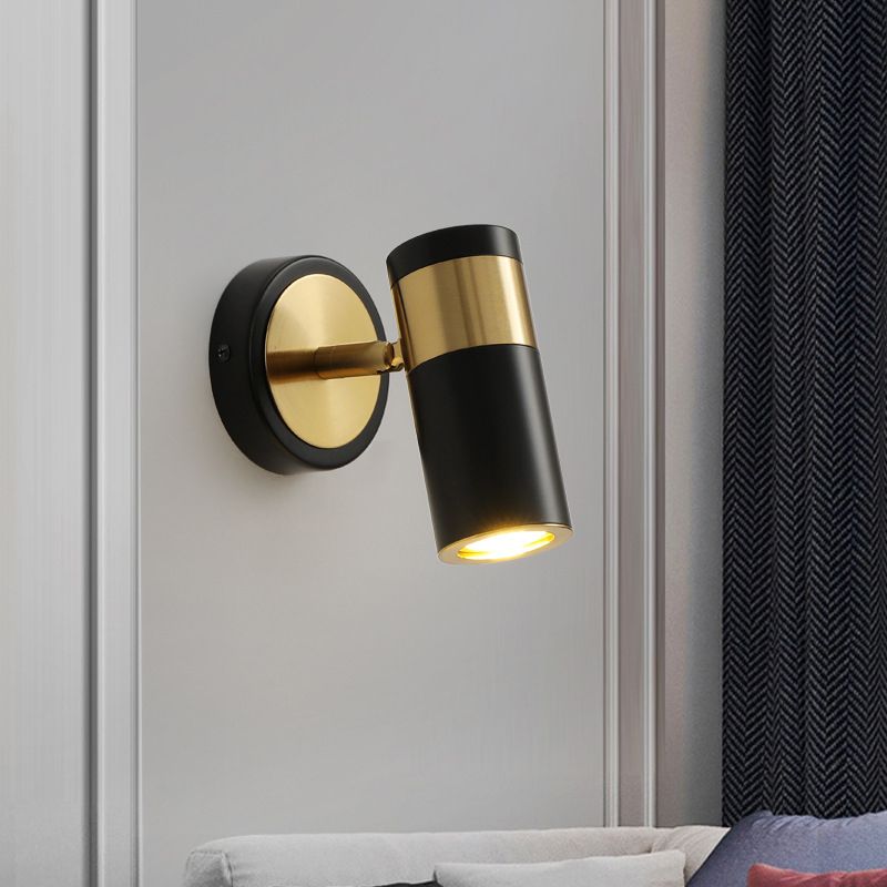 Postmodern Metal Cylindrical Wall Light 1-Head Adjustable Wall Spotlight in Black and Gold