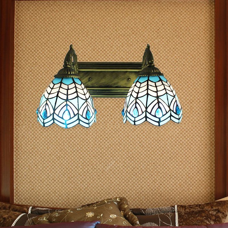 Tiffany Style Dome Wall Lighting Stained Glass 2 Heads Decorative Wall Fixture Light in Blue