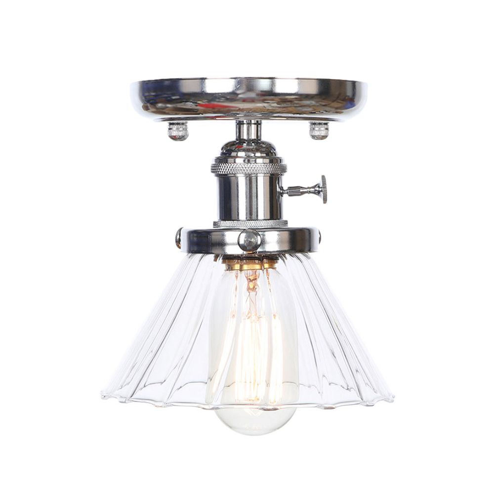 1 Bulb Semi Flush Mount Cone/Bell/Rhombus Industrial Clear/Amber Glass Ceiling Light in Chrome