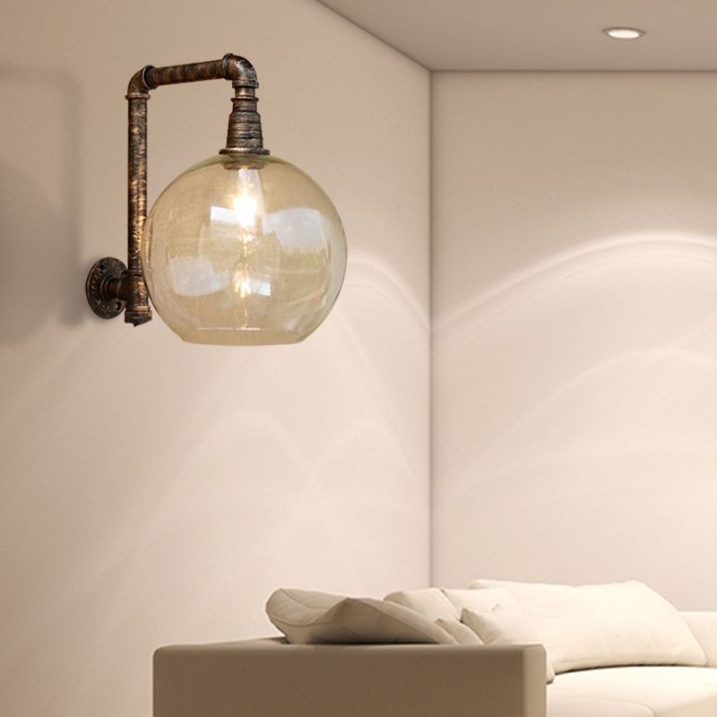 Globe Stairway Wall Lamp Industrial Clear Glass 1 Light Aged Brass Wall Mount Light with Angle Pipe, 8"/10" Width