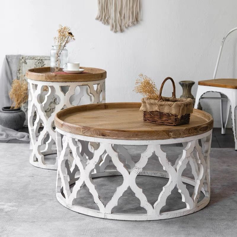 Rustic Solid Wood/Metal Round Distressed Living Room Accent Side Table