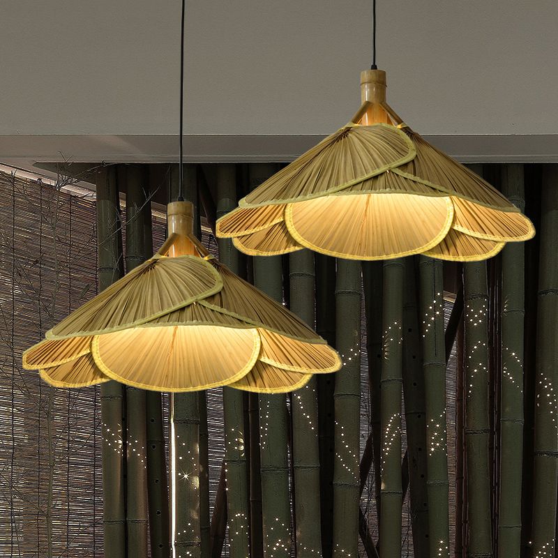 Cattail Fan Bamboo Pendant Light Chinese Style 1-Light Wood Suspension Lighting for Foyer