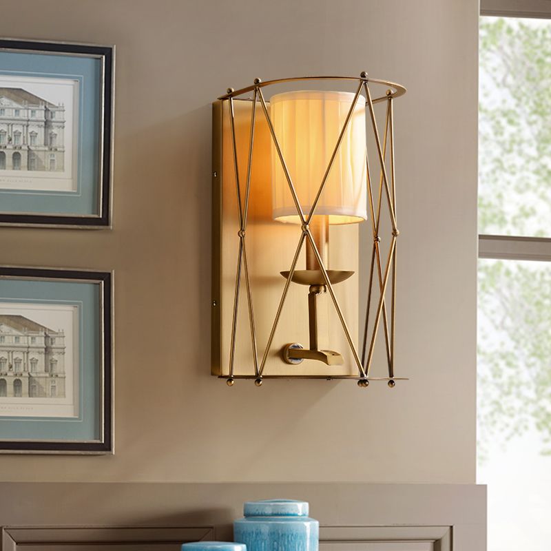 Lodges Cylindrical Wall Lighting Single Gathered Fabric Sconce with Gold Lattice Net