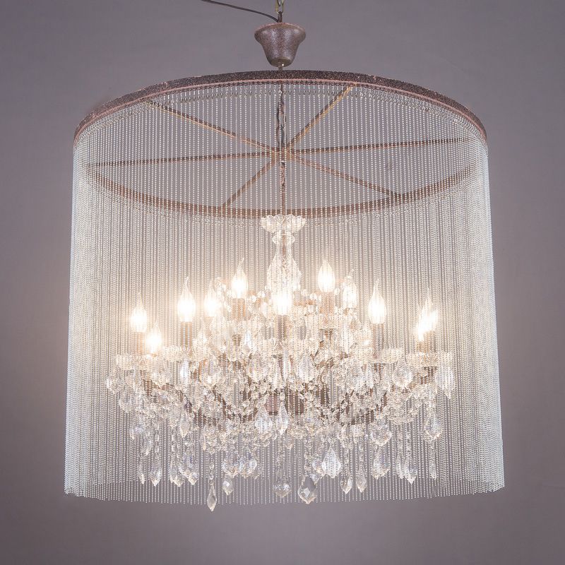 Crystal Candelabra Chandelier Retro 15 Heads Living Room Ceiling Light in Rust with Tassel Chain