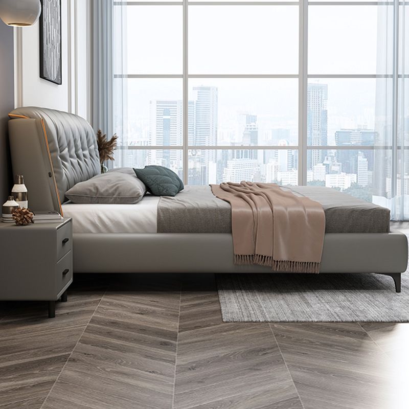 Contemporary Grey Standard Bed with Upholstered Headboard in Solid Wood