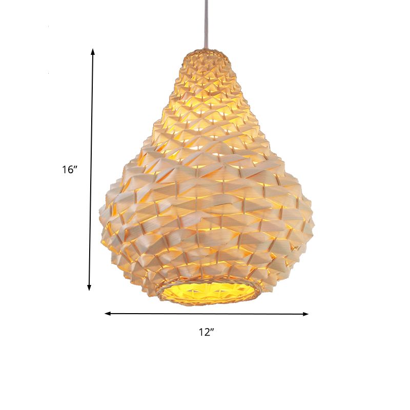 12"/14"/16" Wide Wood Teardrop/Globe/Dome Drop Light Chinese Single Bulb Beige Hanging Pendant for Dining Room