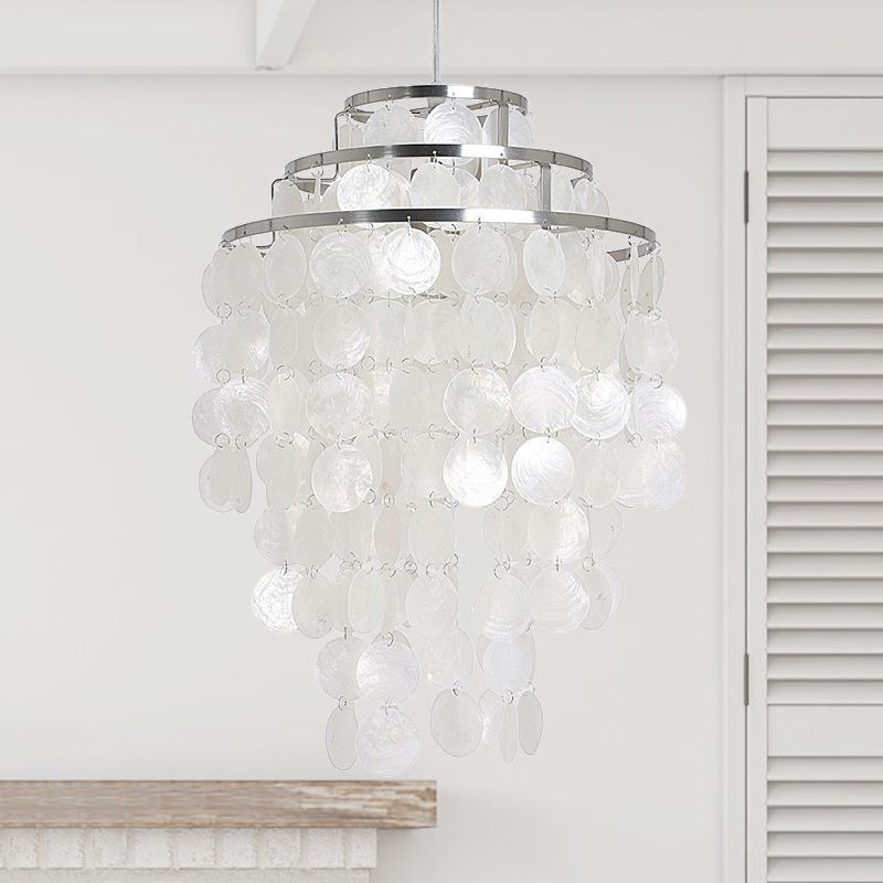11"/19.5"/23.5" Dia Wind Chime Chandelier Lamp Contemporary Shell 3 Lights White Hanging Pendant Lamp