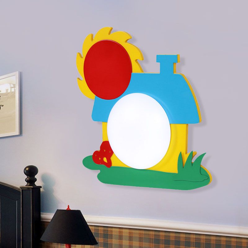Cartoon House Wall Light Wooden LED Nursery Wall Sconce with Acrylic Shade in Red-Yellow-Blue